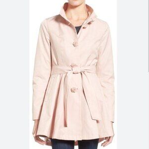 🎀 Betsey Johnson Pink Hooded Trench Coat | Silver Rose Buttons Full Skirt Sz M